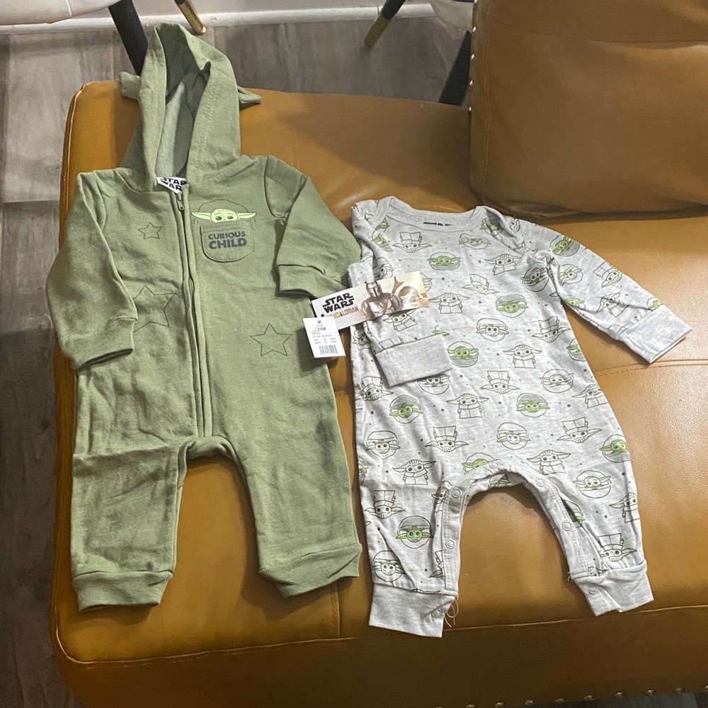 (2) Star Wars Yoda Green and Gray Footie Set 3-6 M Baby Boy NWT